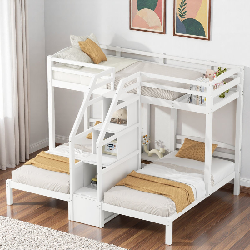 Lit superposé avec escalier de rangement intégré, tiroir et plateau de rangement supérieur