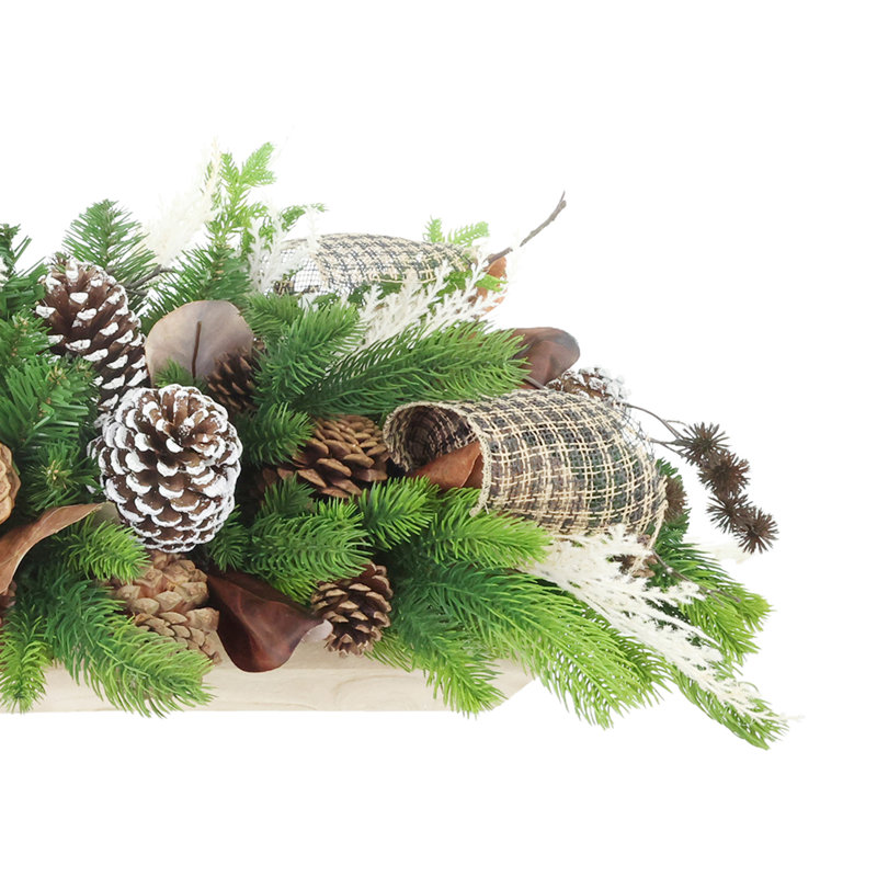 Holiday Centerpiece with Evergreens, Pinecones and Bows