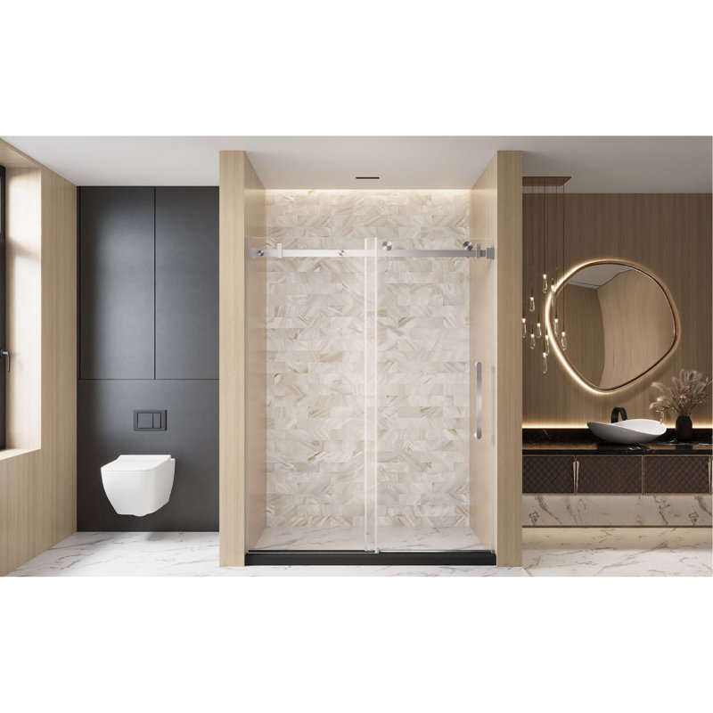 Frameless Single Sliding Shower Door  56-60 "W X 76" H, 1/4 "(6 Mm) Clear Tempered Glass, Explosion Proof Film, Stainless Steel Handle Square Tube Track  Brushed Nickel