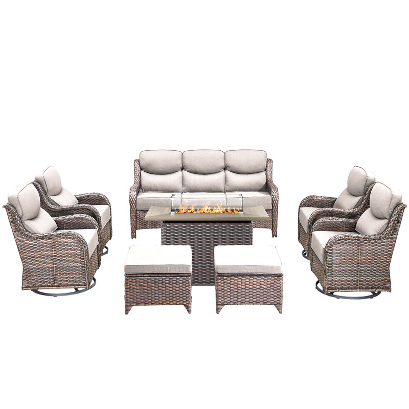 8 Pieces Patio Furniture Set, Outdoor Wicker Sofa Couch With Swivel Chairs 41" Fire Pit Table, All Weather High Back Modern Conversation Sets, Grey Rattan