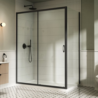 Breeze Sliding 60 in. L x 32 in. W x 75.59 in. H Corner Shower Kit in Matte Black with Clear Straight Door, Side Panel, and Pan