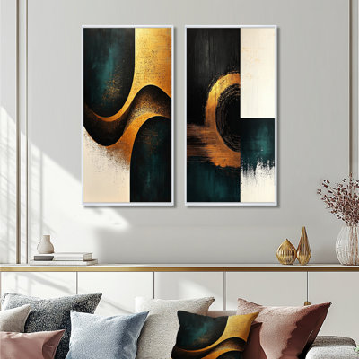 Au-delà des angles, formes émeraude dorées I - Art mural abstrait 2 pièces