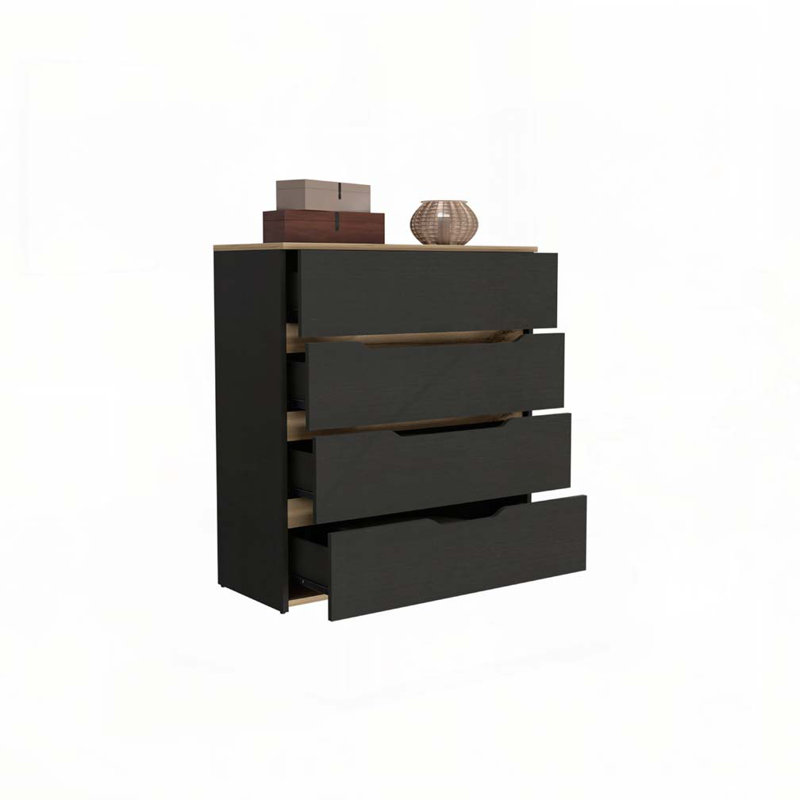 Commode Zoe, plateau supérieur, quatre tiroirs - chêne noir / clair