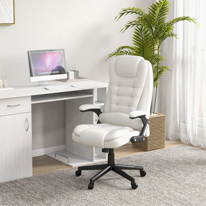 Chaise de bureau de massage à haut dossier avec 6 points de vibration et fauteuil chauffant inclinable en cuir PU avec accoudoirs et télécommande, blanc