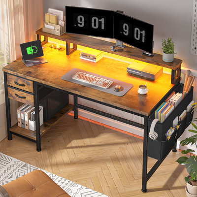 Computer Desk With Monitor Stand & Power Outlet & 2 Drawers & Side Pocket,gaming Desk With Led Lights