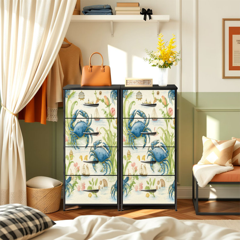 Commode de rangement verticale 4 tiroirs avec éléments en forme de crabe bleu et tiroirs en tissu