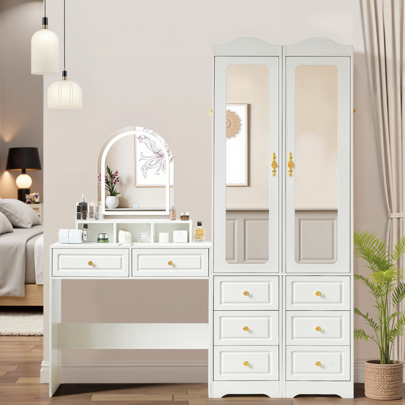Ensemble de coiffeuse avec 2 tiroirs et 5 armoires-penderie avec 5 tiroirs et 3 luminaires réglables de couleur et de luminosité, blanc