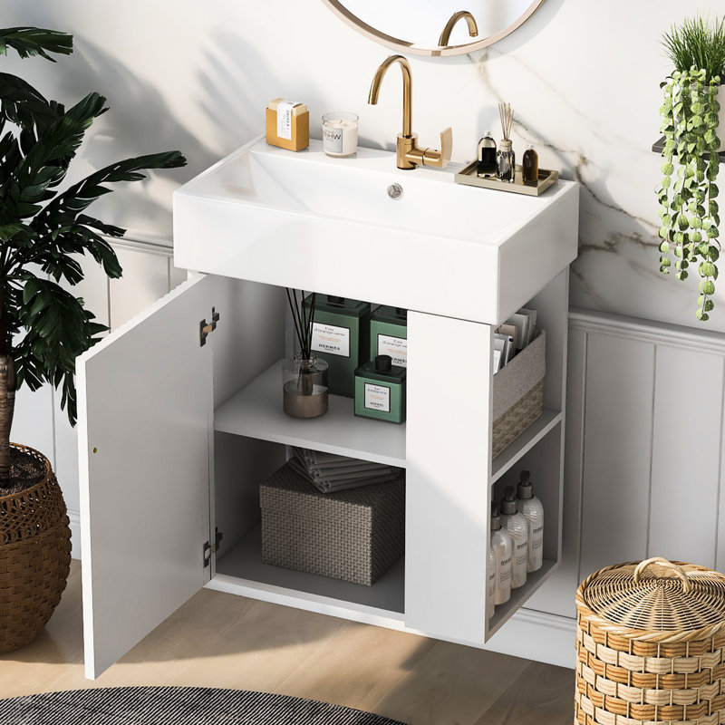Meuble-lavabo flottant 21,6 po - Lavabo en céramique, rangement à droite, goût moderne 21,6 po avec baignoire moderne et peu encombrante