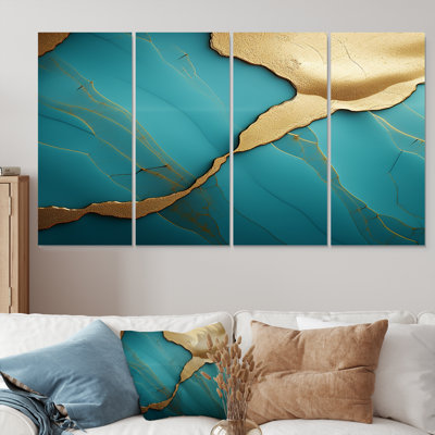 Touch of Gold on Turquoise Agate - Marble Wall Art Decor, 4 pièces