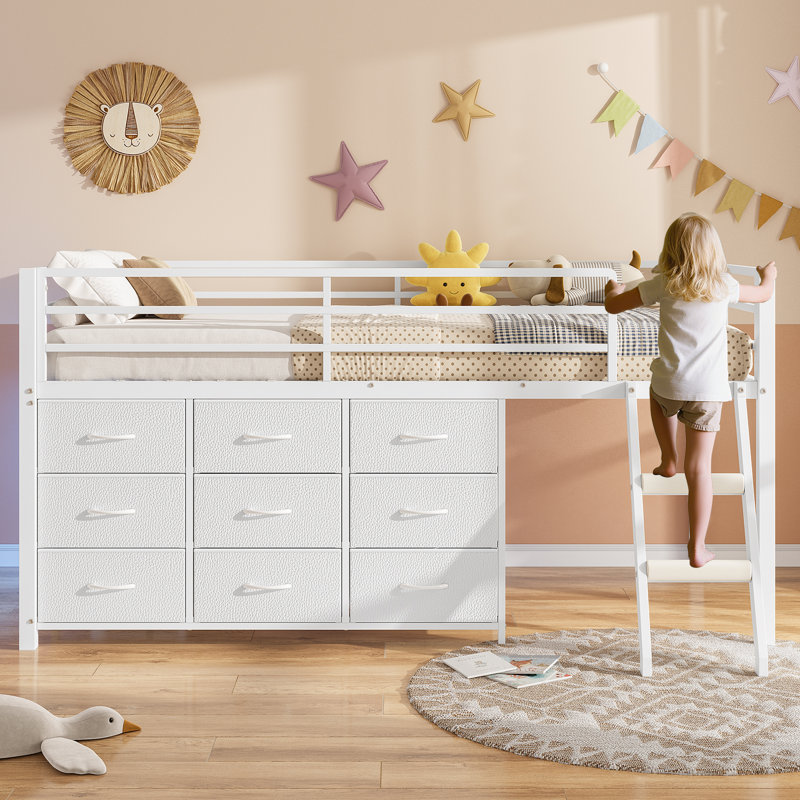 Twin Size Loft Bed With Led Lights,9 Drawers Dresser, 2 Storage Shelves & Stairs, Low Metal Loft Bed Twin With 13.8in Guardrail, Space Saving