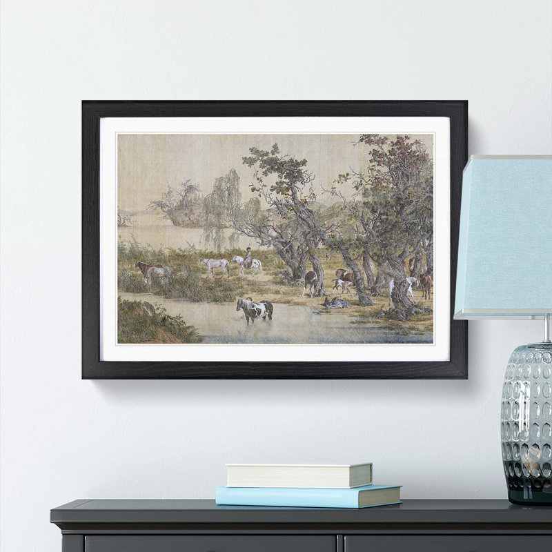 Horses by the Stream by Lang Shining - Framed Print, 27cm H x 36cm W x 2cm D, Black Framed