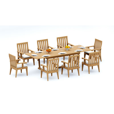 8 Seats 9 Pcs Grade-A Teak Wood Dining Set: 94" Double Extension Mas Rectangle Trestle Leg  Table And 8 Caranas Armless Chairs #11Ca2100