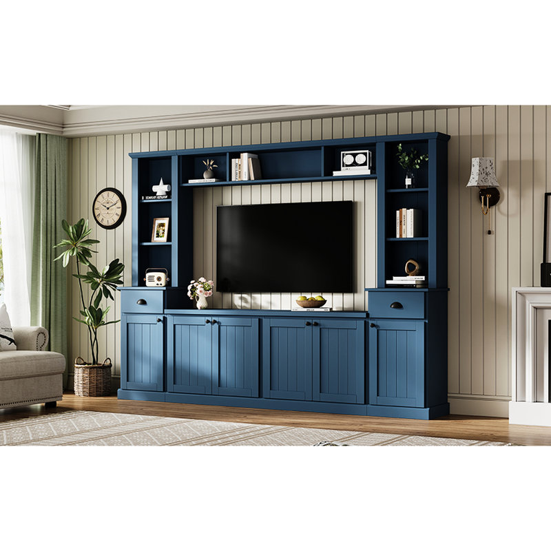 Meuble télé moderne bleu avec pont pour téléviseur de 75 po, tablettes réglables tout-en-un, unité de divertissement mural