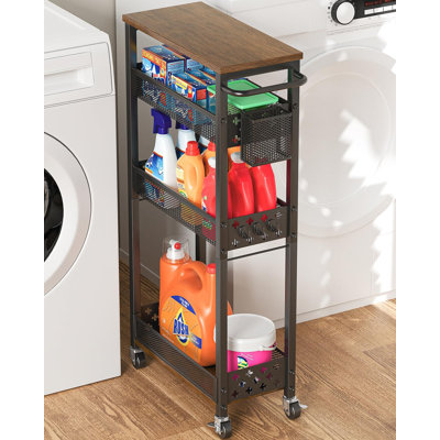 7.09" Slim Rolling Storage Cart – 3-Tier Narrow Laundry Room Organizer with Wooden Shelf & Mesh Basket