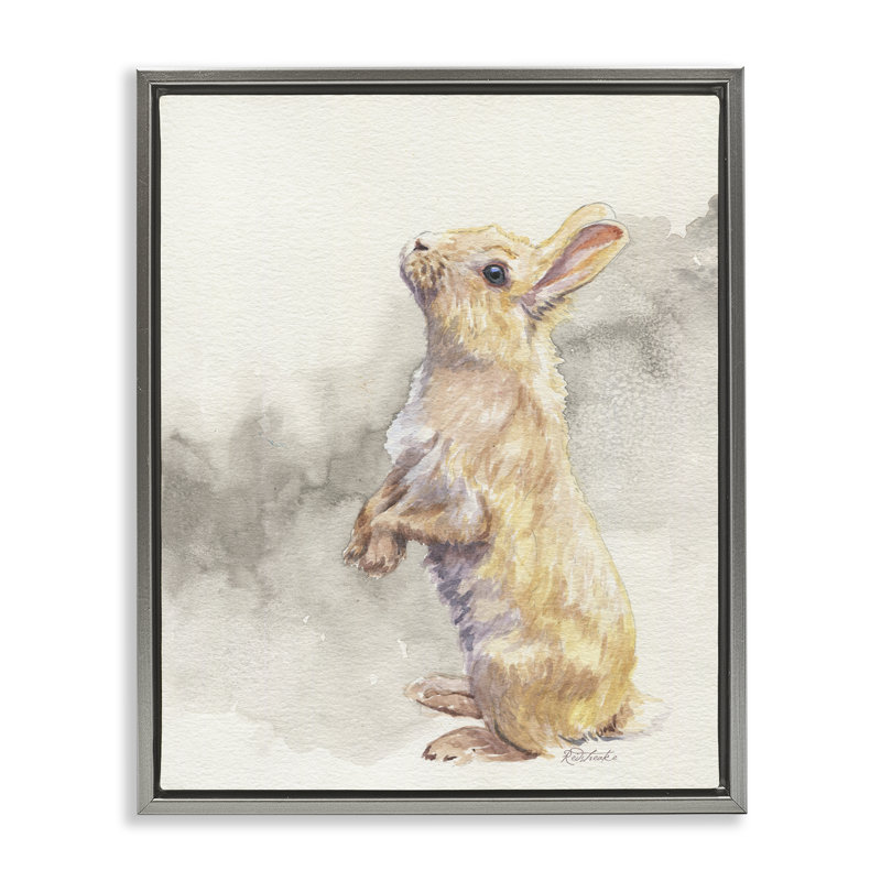 "Debout lapin", aquarelle encadrée par Jennifer Redstreake, H 31 po x l 25 po, Cadre flottant gris lustré