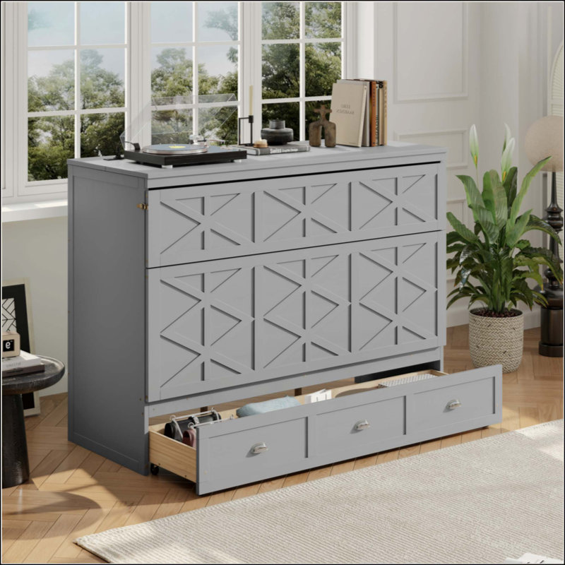 Lit escamotable avec grands tiroirs et USB, peu encombrant et élégant, Gris