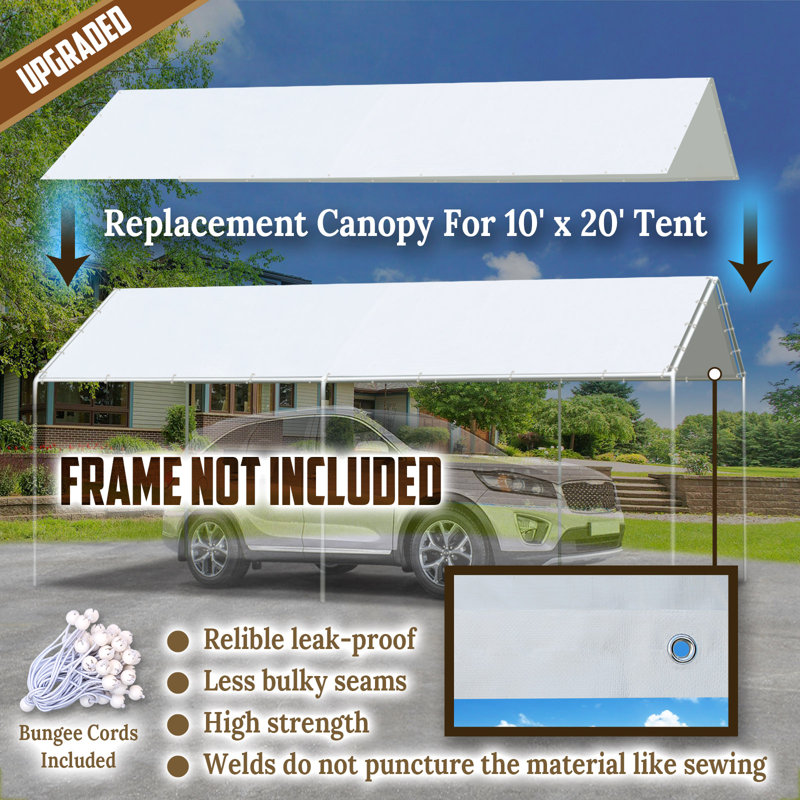 10' X 20' Carport Replacement Top Canopy Cover, UV Resistant And Water Resistant Car Port Portable Tent Cover With Ball Bungee, White, Only Cover