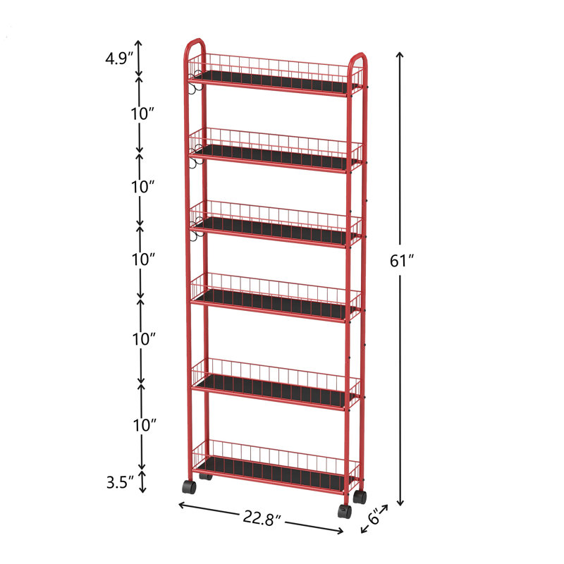 6-Tier Rolling Cart Gap Kitchen Slim Slide Out Storage Tower Rack with Wheels, 61.22" H x 22.83" W x 6.1" D, Red