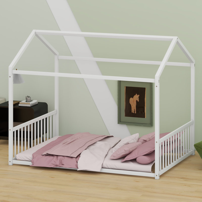 Minimalist House-Style Floor Bed For Independent Sleepers, Full, White