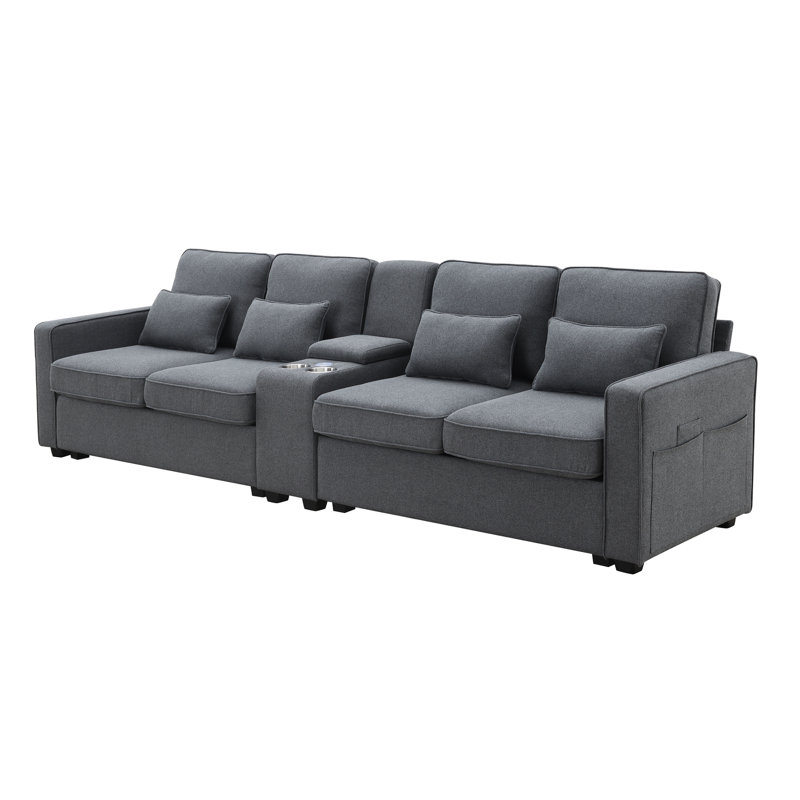 Tissu en lin moderne avec console, canapé de 114,2 po à 4 po pour appartement, structure en bois massif, 2 porte-gobelets et abris, console rembourrée à siège en éponge, 4 pièces, tissu, salon spacieux et confortable,