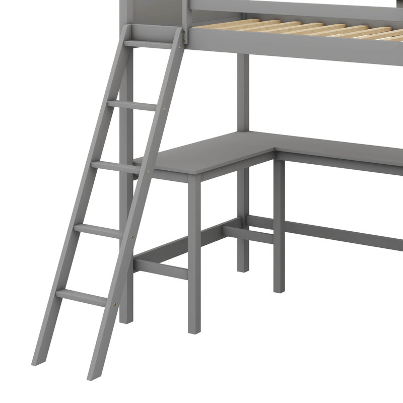 Lit surélevé simple avec tablettes intégrées et zone d'apprentissage, gris