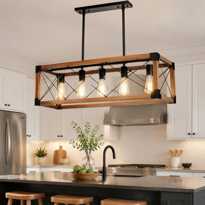Farmhouse Rectangle Chandelier Wood Dining Room Kitchen Island Pendant Light 31.5in 5 Lights Walnut