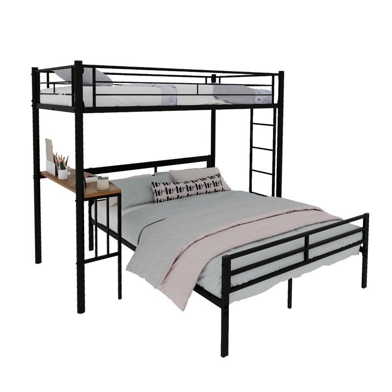 Lit mezzanine en métal avec bureau intégré, cadre de lit superposé en L double au-dessus de simple, noir