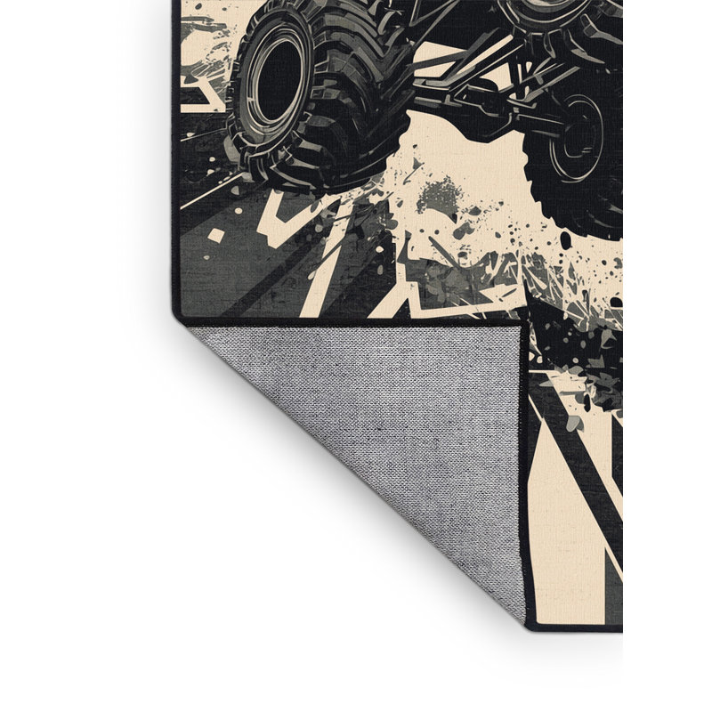 Machine Washable Yonkers Monster Truck Jump Bold & Eclectic Modern Geometric Rug in Gray – Black Binding, 7x9