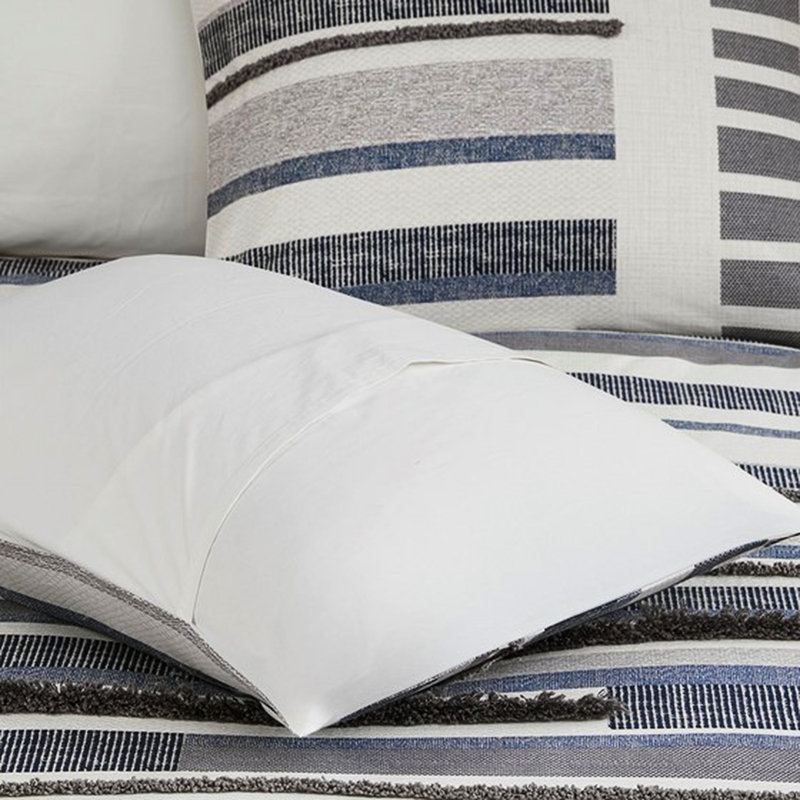 Housse de couette très grand / très grand en coton - taupe bleu gris 100% doux au toucher, frange inversée blanche et garnitures en chenille 4 attaches de coin Fermeture à boutons cachés Lavable à la machine Imprimé 3 pièces Décoration simple et attache