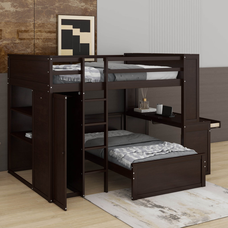 Full Size Loft Bed With A Twin Stand-Alone Bed,Wardrobe,Desk,And Shelves