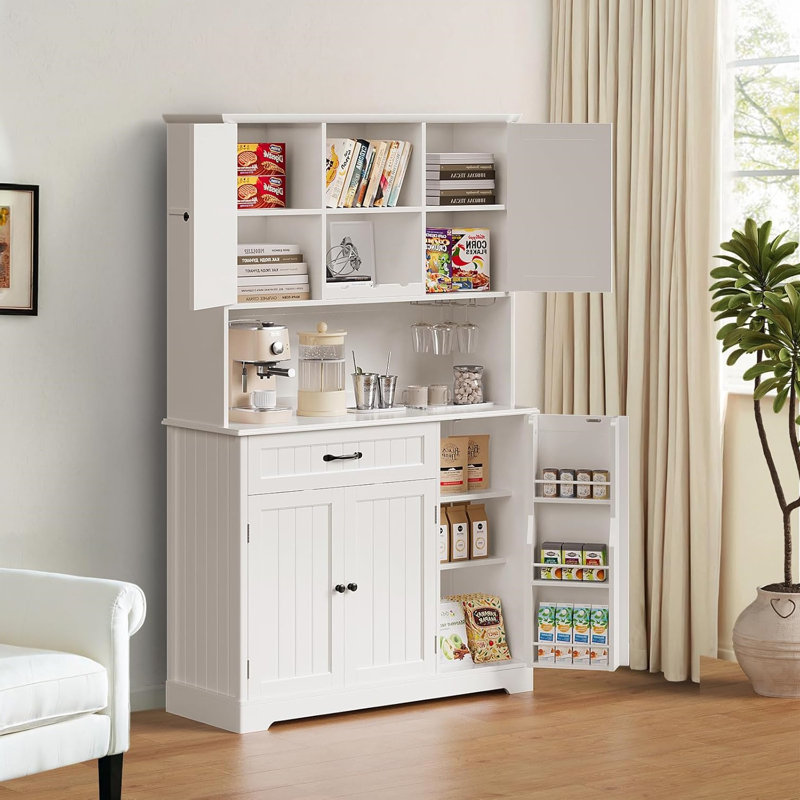 67.7" H Freestanding Kitchen Pantry Cabinet with 5 Doors and Open Shelves, White
