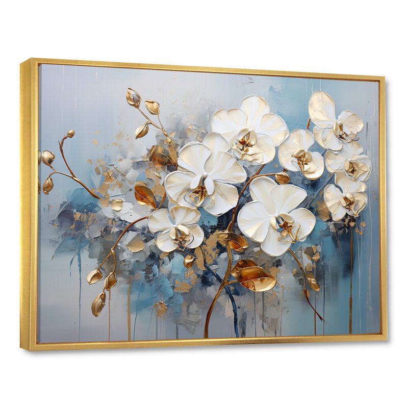 Décoration murale orchidée beige et or Bloom III - Orchidées, Cadre flottant doré, H 12 po x l 20 po x P 1 po