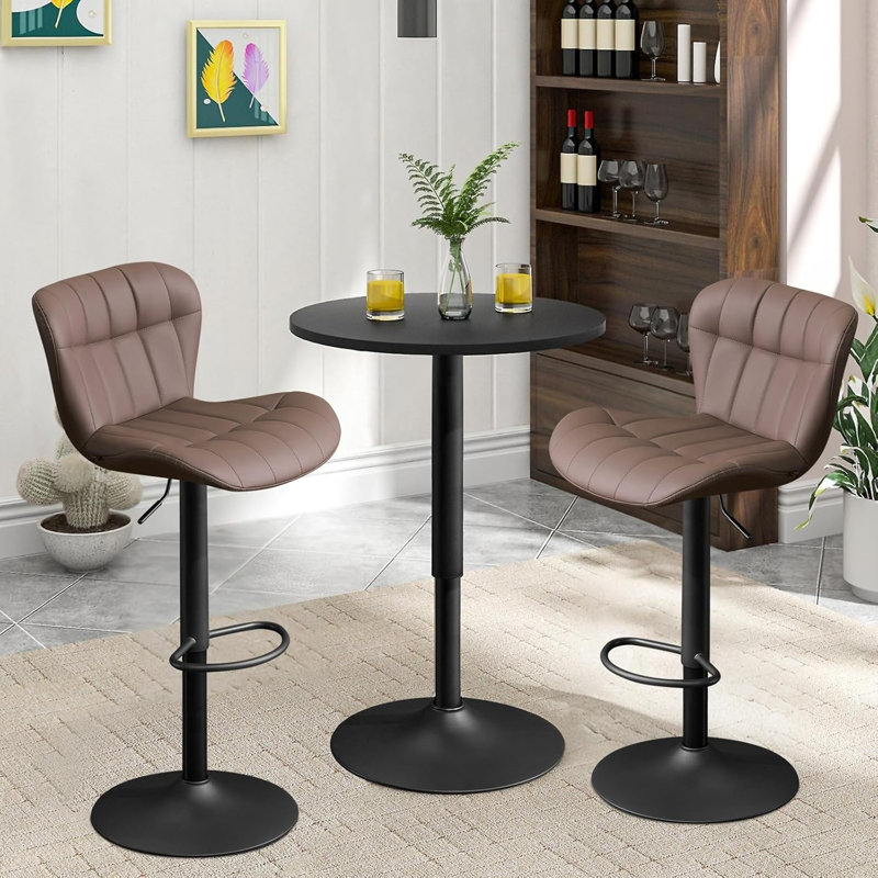 3 Piece Height-adjustable Pub Table And Leathered Pedestal Bar Stool Dining Set, Brown