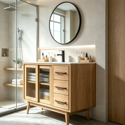 Meuble-lavabo de style nordique avec lavabo en céramique intégré et armoire de rangement pour salle de bain