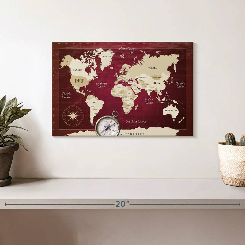 Aliaz Red Longitude World Map, 8" H x 12" W