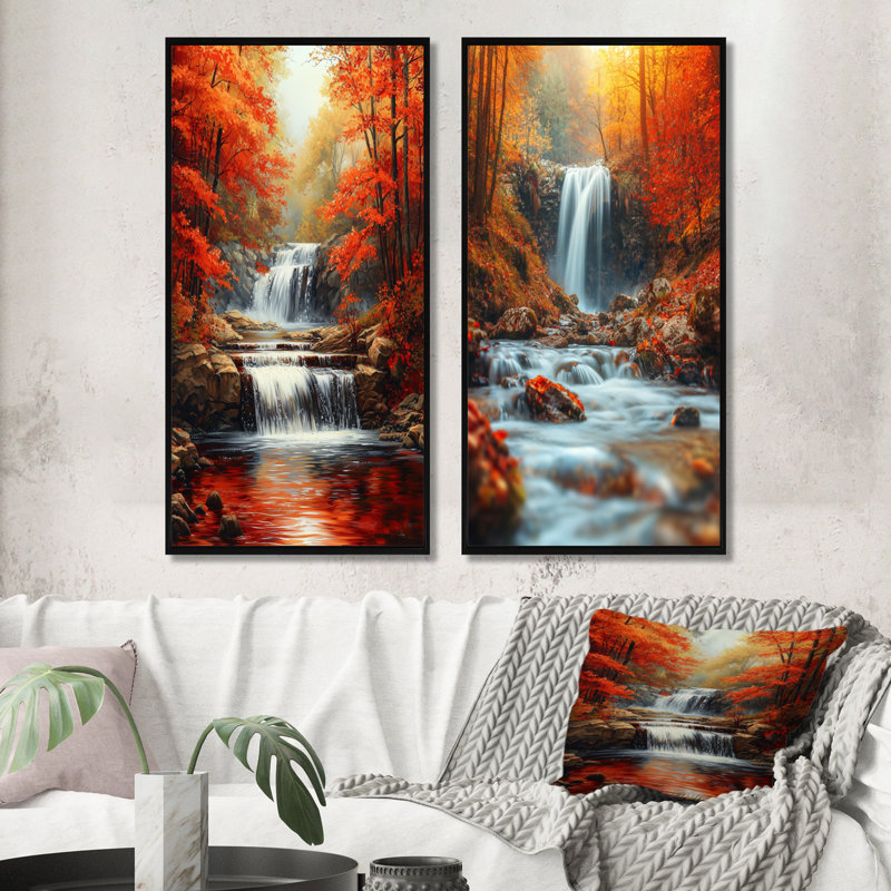 «Red Autumn Mountain Waterfall I» - ensemble d'art mural 2 pièces, H 28 po x l 24 po, Cadre flottant noir