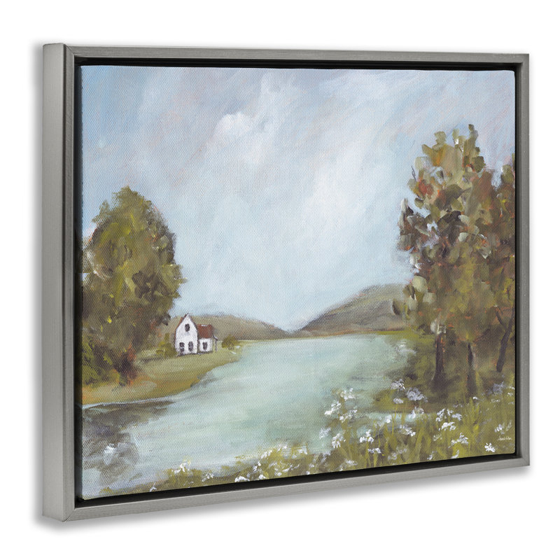 Cadre flottant Distant Cottage Across River, design par Amanda Hilburn, H 25 po x l 31 po, Cadre flottant gris lustré