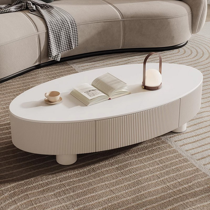 Table basse moderne cannelée ovale avec plateau en pierre frittée de 12 mm et 2 tiroirs en bois massif, blanc, Blanc