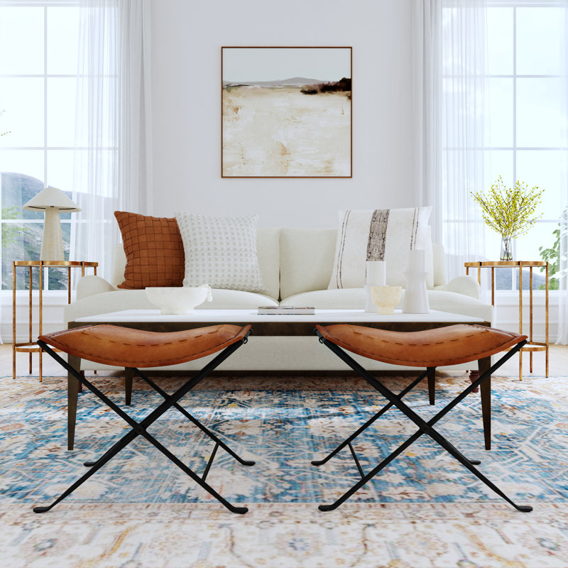 Sanford Iron Accent Stool, Brown Genuine Leather