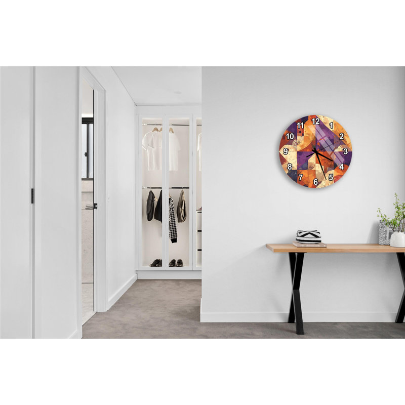 Horloge murale en verre trempé, horloge d'art abstrait, horloge ronde, décoration moderne, horloge murale mauve et orange