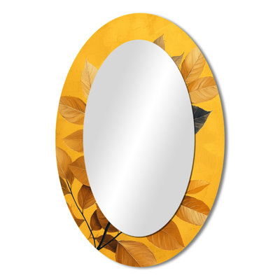 Mustard Autumn Leaves Embrace II - Floral Oval Decorative Mirror On Metal