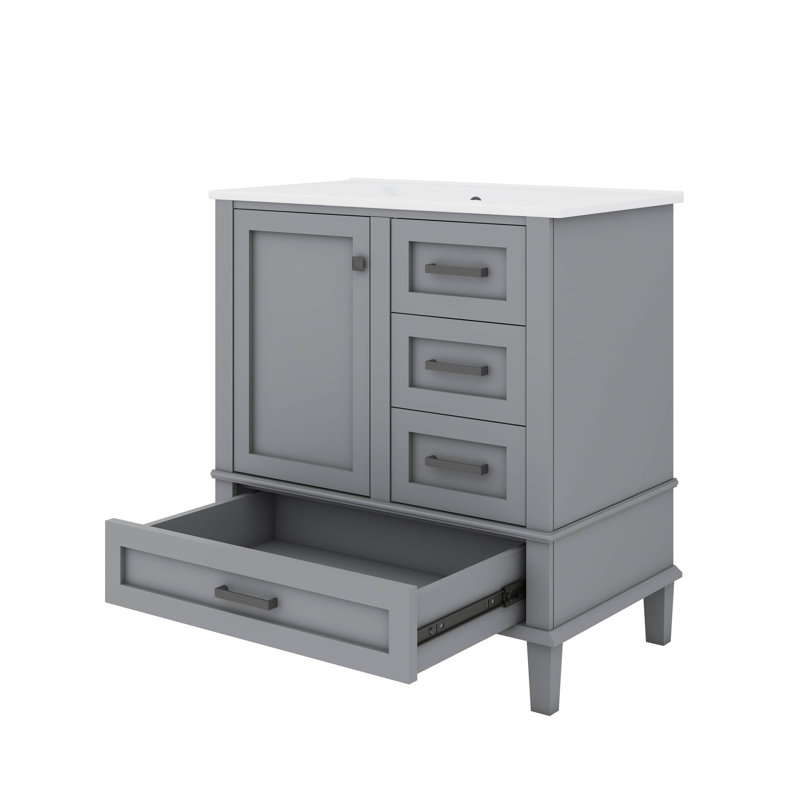 Ensemble de meuble-lavabo moderne 30 po avec 3 tiroirs à fermeture silencieuse et plateau amovible, Gris, Nickel brossé