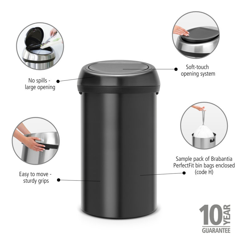 Brabantia 60 Litre Touch Bin, Matt Black / Matt Black