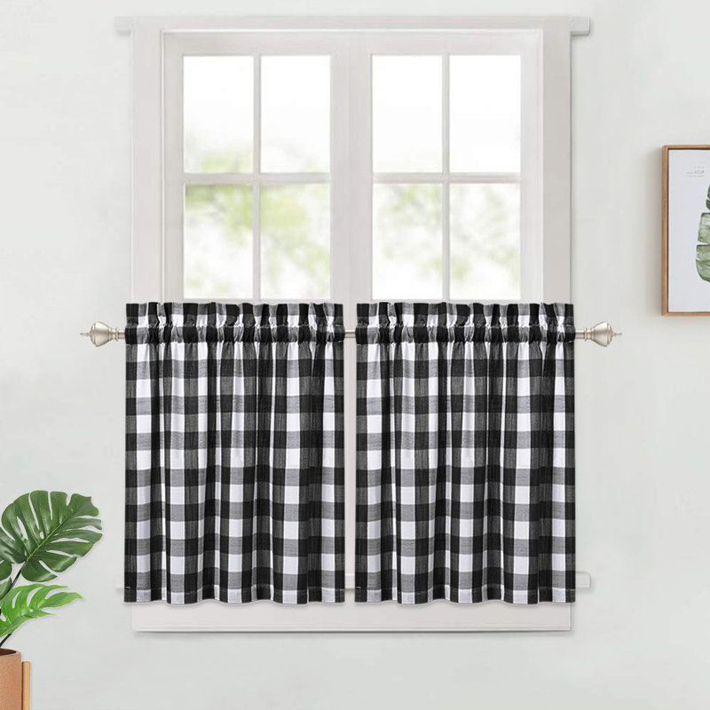 Plaid Cafe Curtain, Black/White, 28" W x 36" L