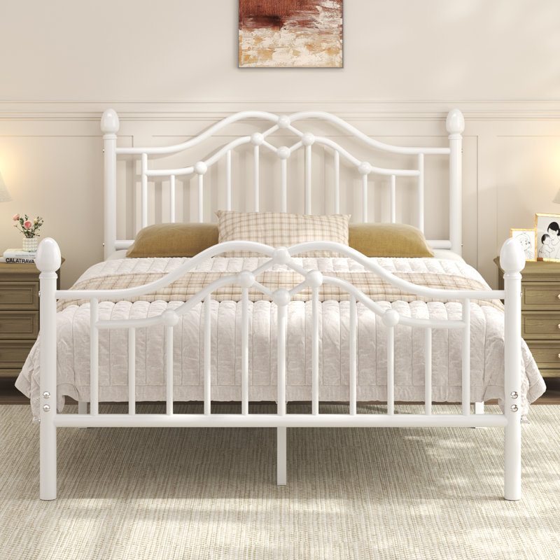 Full Metal Platform Bed with Candle-style Headboard and Footboard, Under-Bed Storage, Easy Assembly, White, Full, White