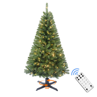 6Ft Pre-lit Christmas Tree, 360° Rotating Artificial  Xmas Tree W/ Remote & 200 Warm White & Colored Light For Holiday Xmas Decor