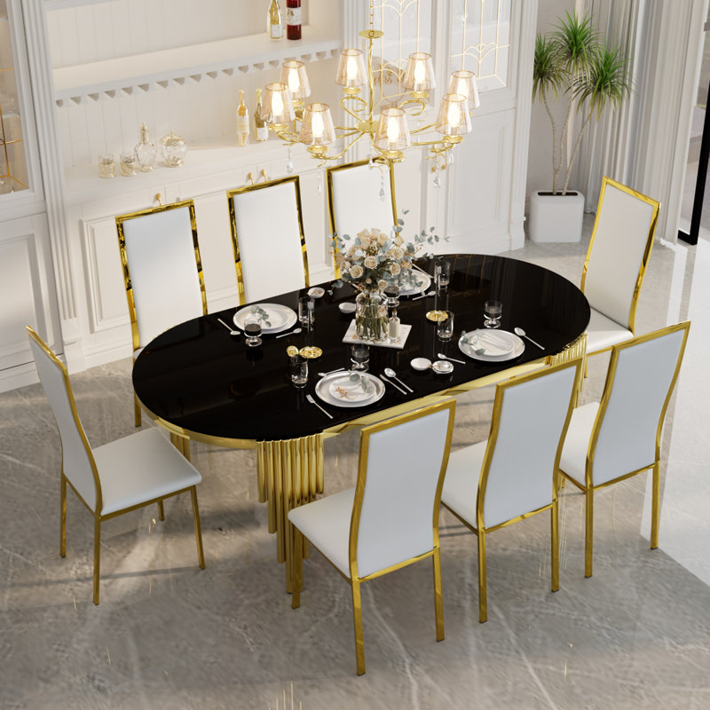 9 Pieces Luxury Dining Room Table Set, White/Gold