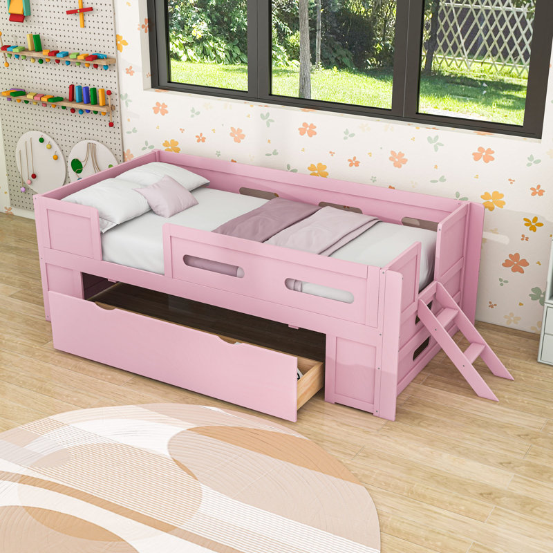 Lit plateforme avec garde-corps et tiroir de rangement, Lit simple, Rose