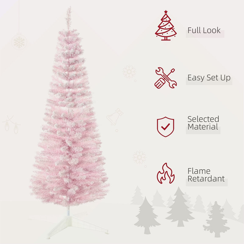 Arbre de Noël artificiel enneigé 5 pi, arbre de Noël mince avec branches réalistes et base en plastique pour décoration d'intérieur, rose