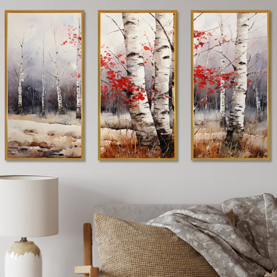 Ensemble d'art mural en toile de bouleau blanc et rouge en hiver III